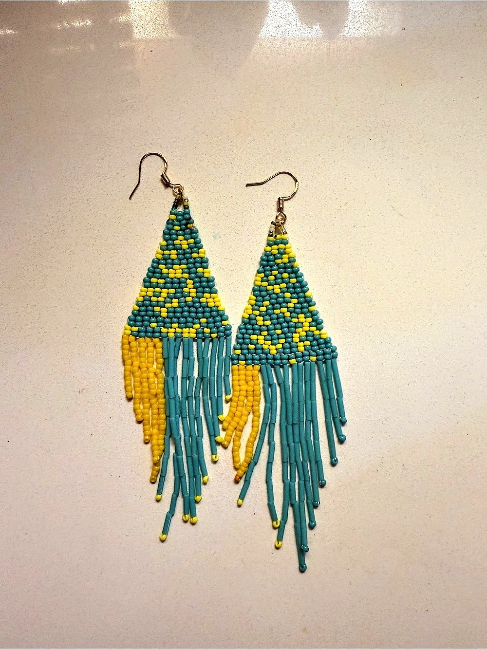Handmade Beaded Fringe Earrings in Blue & Yellow